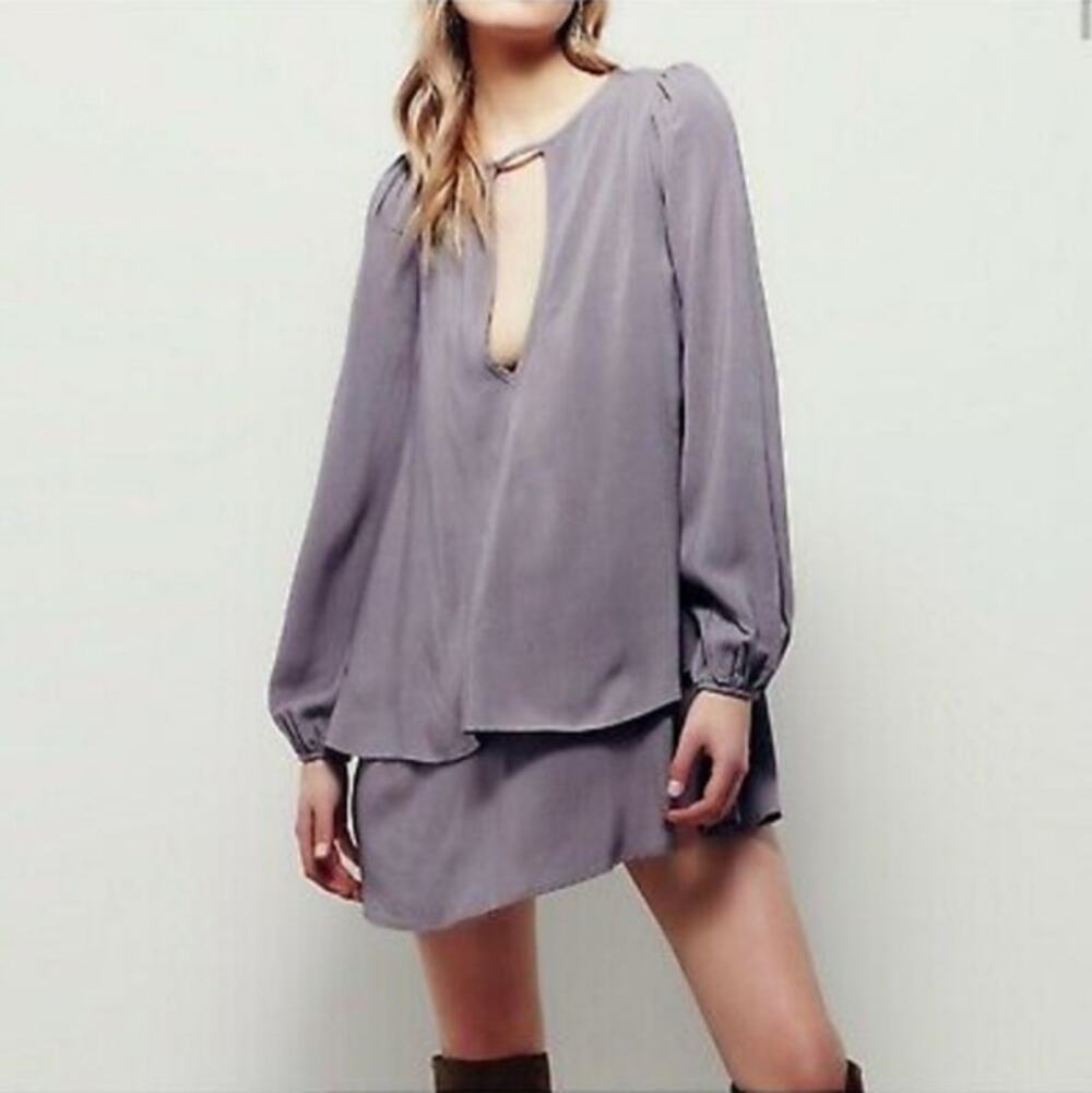 Free People Beck Cut Out Neckline Mini Dress Gray Size Medium Lagenlook Boho